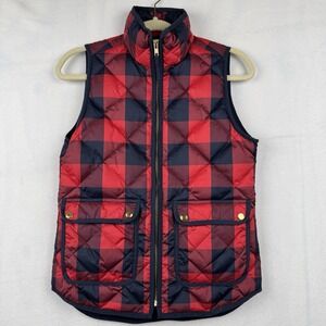J Crew Quilted Down Puffer Vest‎ Womens Size XXS Red Buffalo Plaid